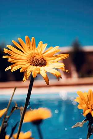 a yellow flower with a blue backgroundの素材