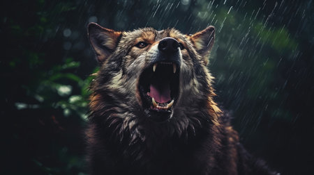 a wolf with its mouth open in the rainの素材