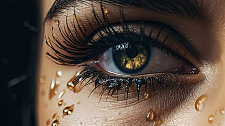 close up of a woman's eye with water drops on her faceの素材