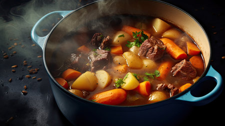 a pot of stew with meat and vegetablesの素材