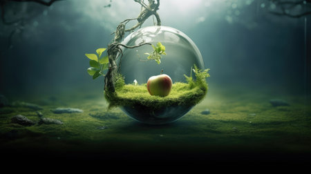 a glass ball with a green apple insideの素材