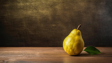 a yellow pear with a green leaf on a wooden surfaceの素材