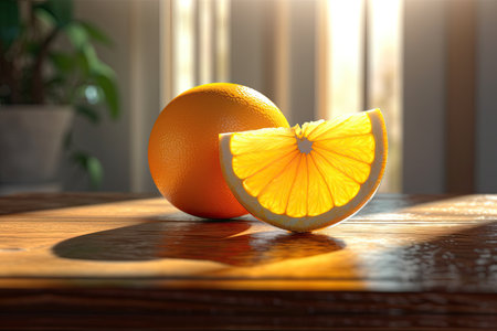 a orange and a slice of orange on a tableの素材