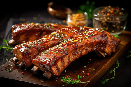 a group of ribs on a wooden boardの素材