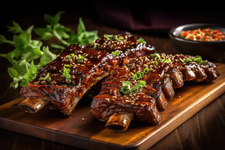 a plate of ribs with sauce and herbsの素材