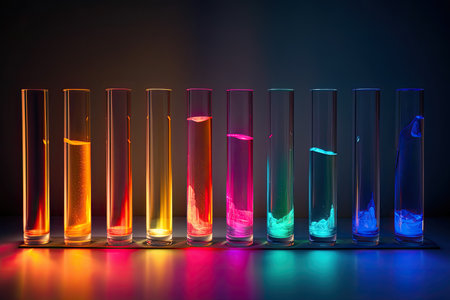 a row of test tubes with colored liquid in themの素材