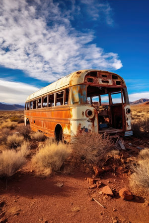 an old rusty bus in a desertの素材