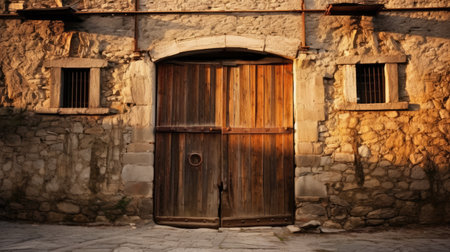 a large wooden door in a stone buildingの素材