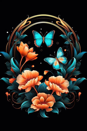 a butterfly and flowers in a circleの素材