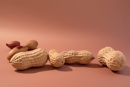 a group of peanuts on a pink surfaceの素材