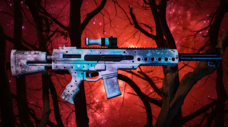 a gun with a scope in front of a red skyの素材