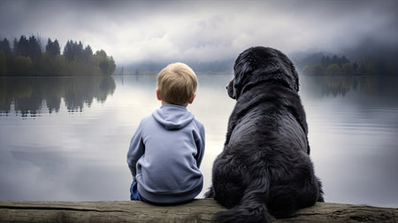 a boy and dog looking at waterの素材