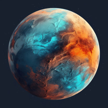 a planet in space with orange and blue colorsの素材