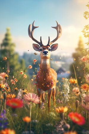 a deer in a field of flowersの素材