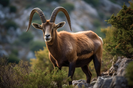 a goat with horns standing on rocksの素材
