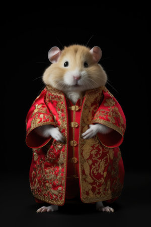 a hamster wearing a red and gold robeの素材