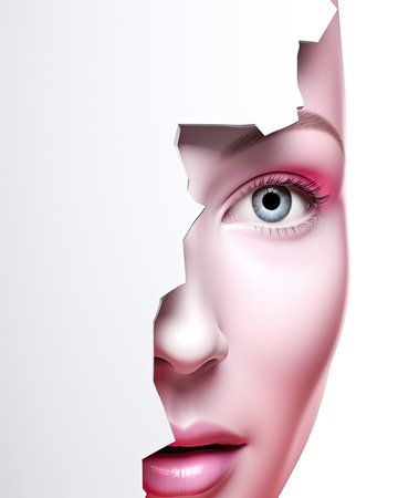 a face with pink makeup and a hole in the wallの素材