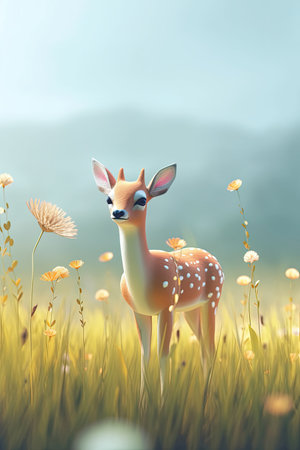 a cartoon deer in a field of flowersの素材