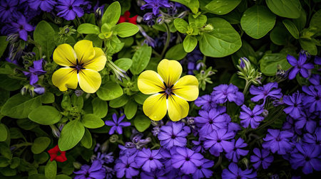a yellow flower surrounded by purple flowersの素材