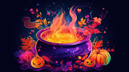 a cauldron with flames and pumpkinsの素材