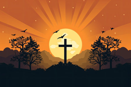 a cross on a hill with birds flying in the skyの素材