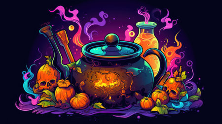 a pot with a lid and a skull and other objectsの素材