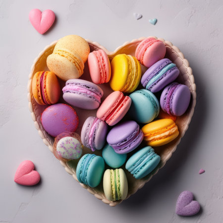 a heart shaped bowl filled with colorful macaroonsの素材
