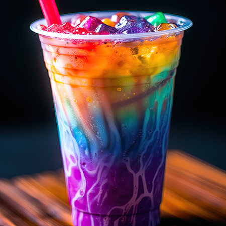 a rainbow colored drink in a plastic cupの素材