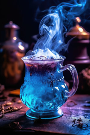 a blue liquid in a glass cup with smoke coming out of itの素材