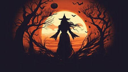 a person in a forest with bats and a moonの素材