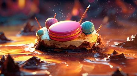 a cake with a pink macaroon and balls on topの素材