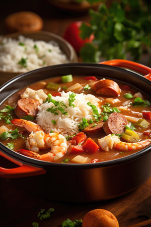 a bowl of soup with rice and shrimpの素材
