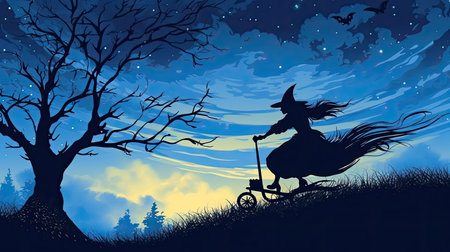 a silhouette of a person riding a scooterの素材