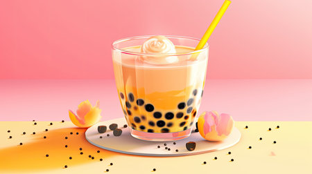 a glass of bubble tea with a straw and a flower on topの素材