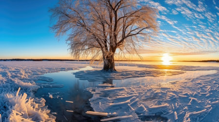 a tree in the middle of a frozen lakeの素材