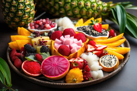 a plate of fruit on a tableの素材