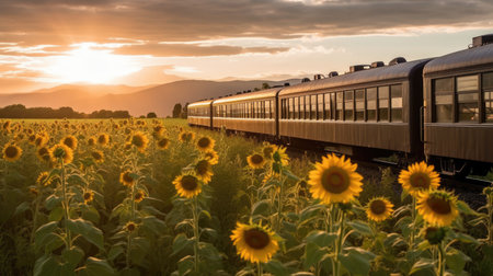 a train going through a field of sunflowersの素材