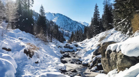 a river running through a snowy mountainの素材
