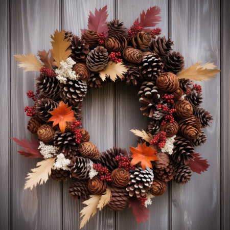 a wreath with pine cones and leaves on a wood wallの素材