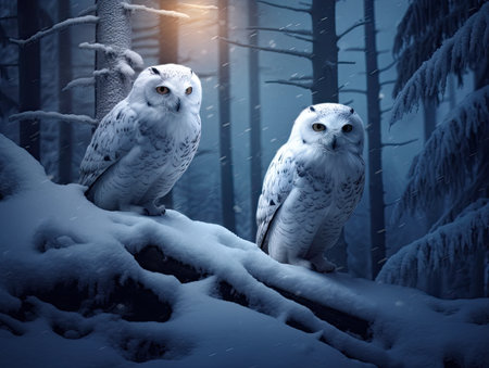 two owls sitting on a snowy logの素材
