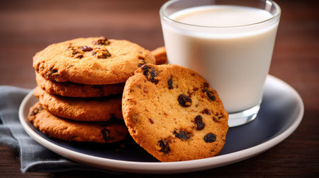 a plate of cookies and a glass of milkの素材