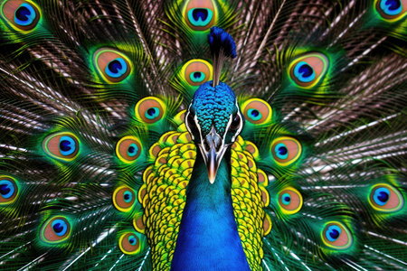 a peacock with its tail feathers spreadの素材