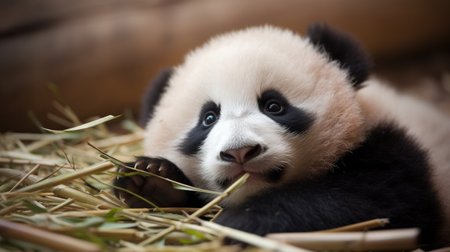 a panda bear lying on the groundの素材
