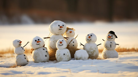 a group of snowmen in the snowの素材
