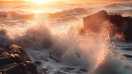 waves crashing waves on a rocky beachの素材