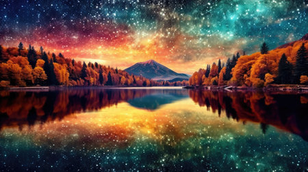 a lake with trees and stars in the skyの素材