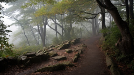 a trail in a forest with rocks and treesの素材