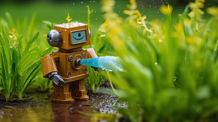 a toy robot spraying water on grassの素材