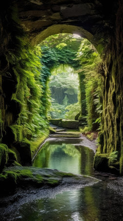 a path through a tunnel with a pond in the middle of itの素材