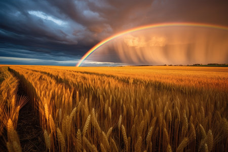a rainbow over a field of wheatの素材